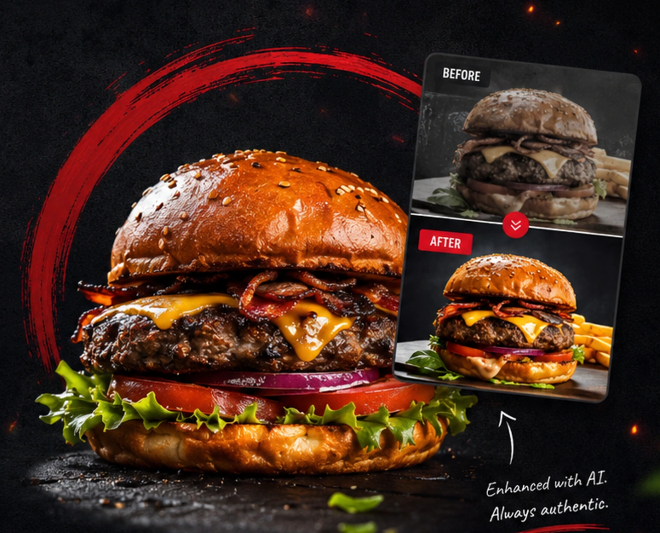 A burger photo shown before and after enhancement